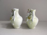 Image 2 of Pair of Antique Miniature Jug Ornaments, Baby Figurines and Leaf Decor, H 8.3cm, small chips/wear 