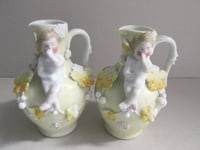 Image 7 of Pair of Antique Miniature Jug Ornaments, Baby Figurines and Leaf Decor, H 8.3cm, small chips/wear 