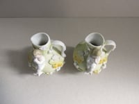 Image 5 of Pair of Antique Miniature Jug Ornaments, Baby Figurines and Leaf Decor, H 8.3cm, small chips/wear 