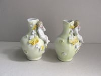 Image 3 of Pair of Antique Miniature Jug Ornaments, Baby Figurines and Leaf Decor, H 8.3cm, small chips/wear 