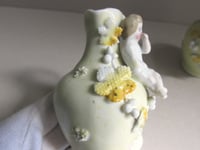 Image 10 of Pair of Antique Miniature Jug Ornaments, Baby Figurines and Leaf Decor, H 8.3cm, small chips/wear 