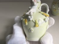 Image 13 of Pair of Antique Miniature Jug Ornaments, Baby Figurines and Leaf Decor, H 8.3cm, small chips/wear 