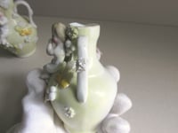 Image 15 of Pair of Antique Miniature Jug Ornaments, Baby Figurines and Leaf Decor, H 8.3cm, small chips/wear 
