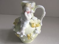 Image 11 of Pair of Antique Miniature Jug Ornaments, Baby Figurines and Leaf Decor, H 8.3cm, small chips/wear 