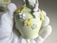 Image 12 of Pair of Antique Miniature Jug Ornaments, Baby Figurines and Leaf Decor, H 8.3cm, small chips/wear 