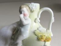 Image 20 of Pair of Antique Miniature Jug Ornaments, Baby Figurines and Leaf Decor, H 8.3cm, small chips/wear 