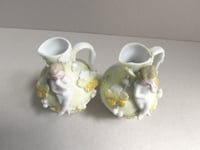 Image 8 of Pair of Antique Miniature Jug Ornaments, Baby Figurines and Leaf Decor, H 8.3cm, small chips/wear 