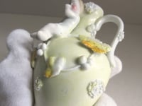 Image 25 of Pair of Antique Miniature Jug Ornaments, Baby Figurines and Leaf Decor, H 8.3cm, small chips/wear 