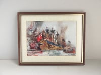 Image 1 of Antique Battleship Art Print in Vintage Frame, Burning of the London by the Dutch by Charles Dixon