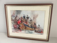 Image 2 of Antique Battleship Art Print in Vintage Frame, Burning of the London by the Dutch by Charles Dixon