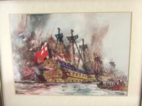 Image 3 of Antique Battleship Art Print in Vintage Frame, Burning of the London by the Dutch by Charles Dixon