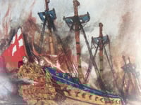 Image 4 of Antique Battleship Art Print in Vintage Frame, Burning of the London by the Dutch by Charles Dixon