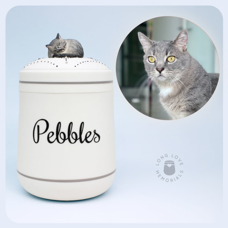 Image of Gray Tabby Cat Urn, Standard Issue Cat Urn, Personalized with Your Cat's Portrait