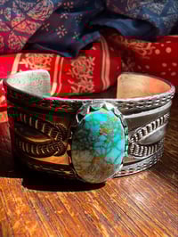 Image 1 of WL&A Handmade Ingot Old Style Repoussé Royston Turquoise Cuff - Size 7 to 7.5" Wrist 
