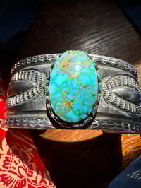 Image 5 of WL&A Handmade Ingot Old Style Repoussé Royston Turquoise Cuff - Size 7 to 7.5" Wrist 