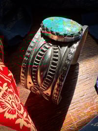 Image 3 of WL&A Handmade Ingot Old Style Repoussé Royston Turquoise Cuff - Size 7 to 7.5" Wrist 