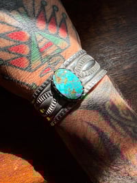 Image 4 of WL&A Handmade Ingot Old Style Repoussé Royston Turquoise Cuff - Size 7 to 7.5" Wrist 