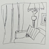 Image 2 of Hotel Furniture, 2025.  Oil on linen. 12 x 12 inches.  Includes the drawing that was used to do the 