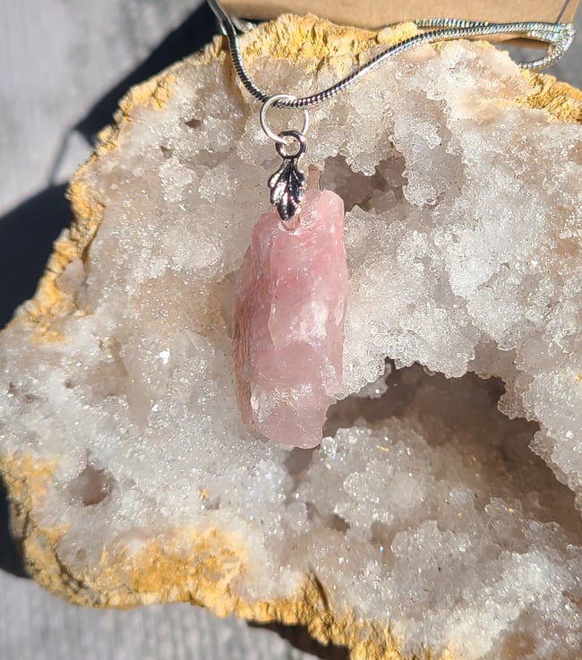 Locally Mined Rose Quartz & Sterling Silver Tree Leaf Necklace