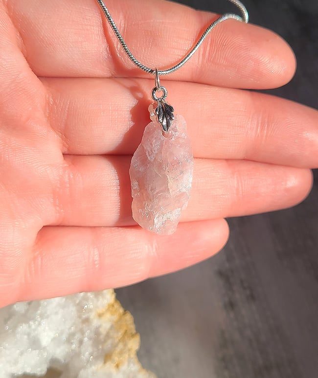 Locally Mined Rose Quartz & Sterling Silver Tree Leaf Necklace