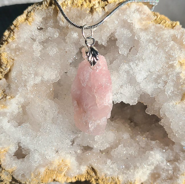 Locally Mined Rose Quartz & Sterling Silver Tree Leaf Necklace