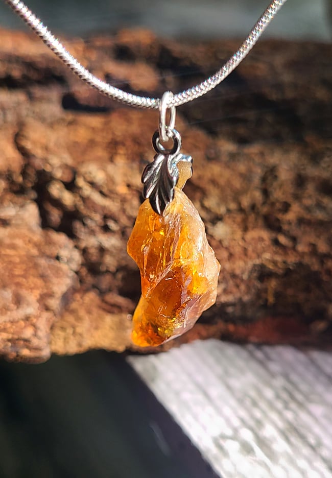 Natural Brazilian Honey Citrine Crystal Gemstone Sterling Silver necklace 