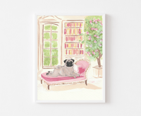 Image 1 of Pug Library Art PRINT / MUG / NOTECARD SET Artwork Gift for Book Lover Hand Painted Original