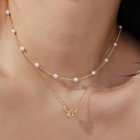 Image 1 of Pearl Double Layer Choker | Gold Chain Bow Pendant Necklace