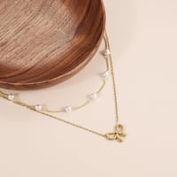 Image 2 of Pearl Double Layer Choker | Gold Chain Bow Pendant Necklace