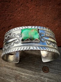 Image 2 of WL&A Handmade Ingot Old Style Repoussé Emerald Valley Turquoise Cuff - Size 7 to 7.5" Wrist