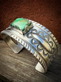 Image 3 of WL&A Handmade Ingot Old Style Repoussé Emerald Valley Turquoise Cuff - Size 7 to 7.5" Wrist
