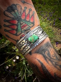 Image 4 of WL&A Handmade Ingot Old Style Repoussé Emerald Valley Turquoise Cuff - Size 7 to 7.5" Wrist
