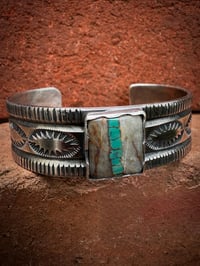 Image 1 of WL&A Handmade Ingot Old Style Royston Green Ribbon Turquoise Cuff - Size 7" to 7.5" Wrist