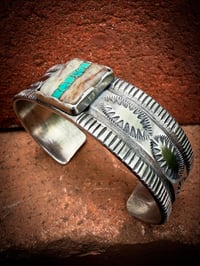 Image 2 of WL&A Handmade Ingot Old Style Royston Green Ribbon Turquoise Cuff - Size 7" to 7.5" Wrist