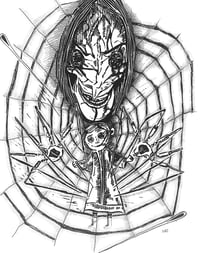 Coraline Beldam carving and drawing print