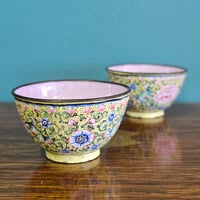 Image 1 of Pair Antique Qing Dynasty Chinese Canton Enamel Tea/Wine Bowls