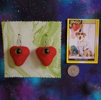 Image 2 of A pair of fabric art strawberry creature earrings 