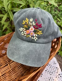 Image 2 of Pink and purple hand embroidered flowers on an adjustable grey hat