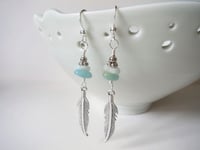 Image 5 of Silver Feather Amazonite Gemstone Earrings, Pierced or Clip On