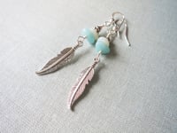 Image 2 of Silver Feather Amazonite Gemstone Earrings, Pierced or Clip On