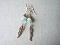 Image 4 of Silver Feather Amazonite Gemstone Earrings, Pierced or Clip On
