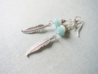 Image 6 of Silver Feather Amazonite Gemstone Earrings, Pierced or Clip On