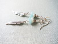 Image 7 of Silver Feather Amazonite Gemstone Earrings, Pierced or Clip On