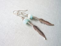 Image 11 of Silver Feather Amazonite Gemstone Earrings, Pierced or Clip On