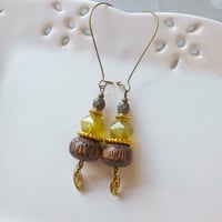Image 1 of Boho Style Bead Stack Earrings with Leaf Charm in Chartreuse, Gold & Bronze