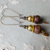 Image 6 of Boho Style Bead Stack Earrings with Leaf Charm in Chartreuse, Gold & Bronze