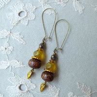 Image 4 of Boho Style Bead Stack Earrings with Leaf Charm in Chartreuse, Gold & Bronze
