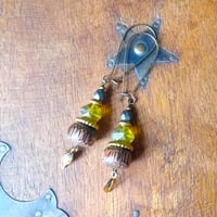 Image 7 of Boho Style Bead Stack Earrings with Leaf Charm in Chartreuse, Gold & Bronze