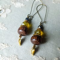 Image 9 of Boho Style Bead Stack Earrings with Leaf Charm in Chartreuse, Gold & Bronze