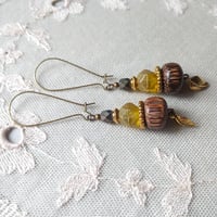 Image 8 of Boho Style Bead Stack Earrings with Leaf Charm in Chartreuse, Gold & Bronze